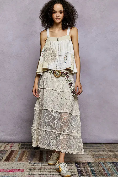 Floral Embroidered Maxi Skirt with Tiered Crochet Design