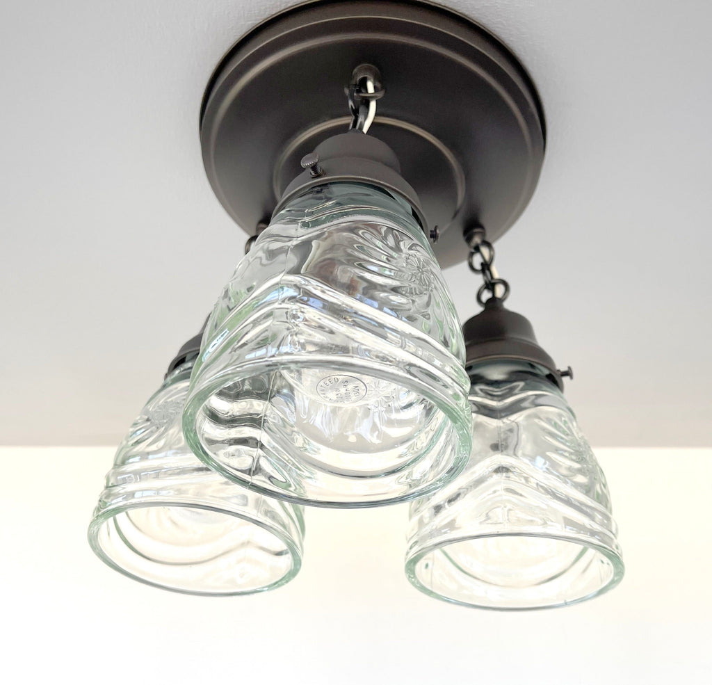 Pressed 1960's Glass Ceiling Light diamond Chain Trio