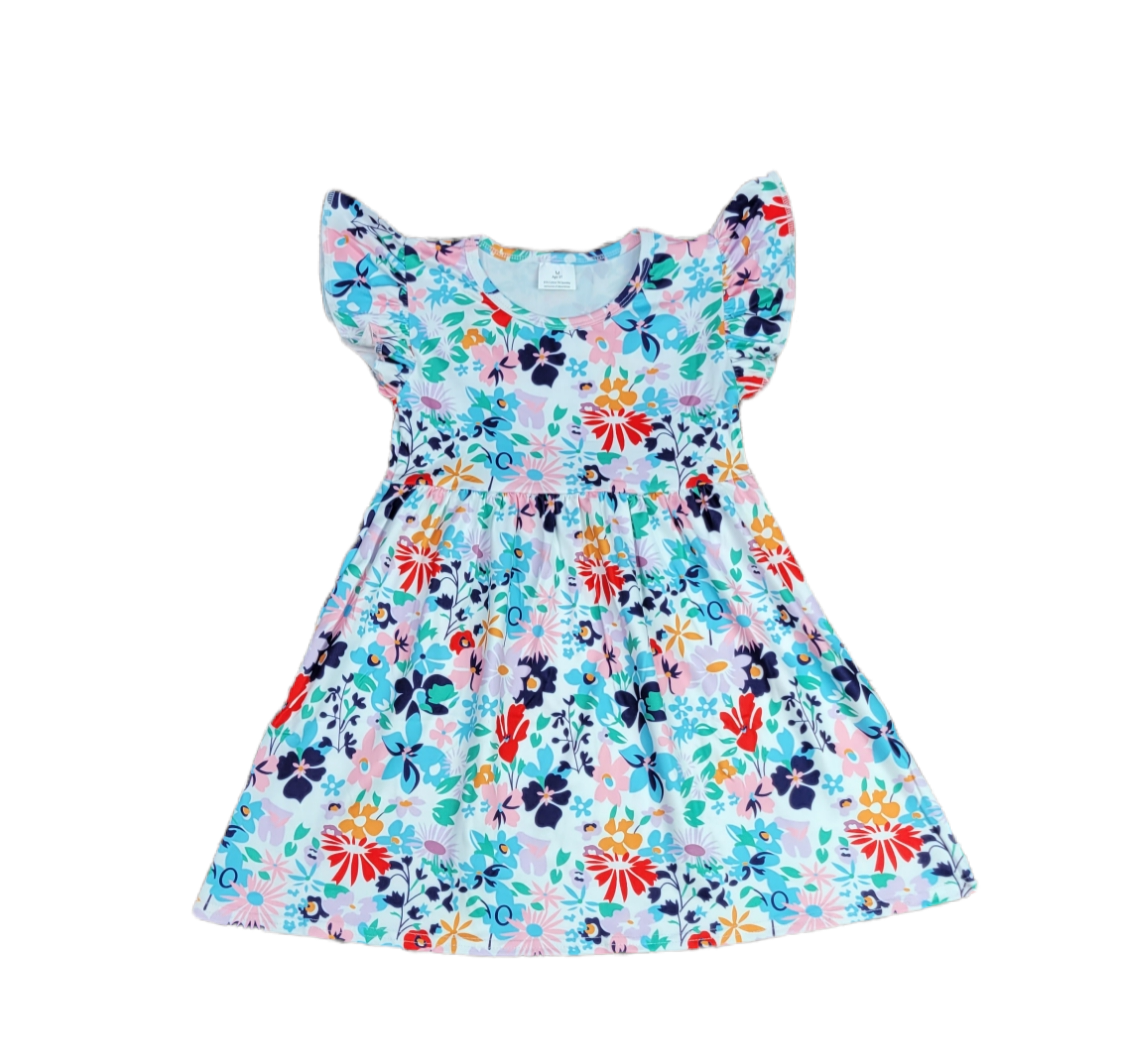 White Floral Long Flutter Milk Silk Dress