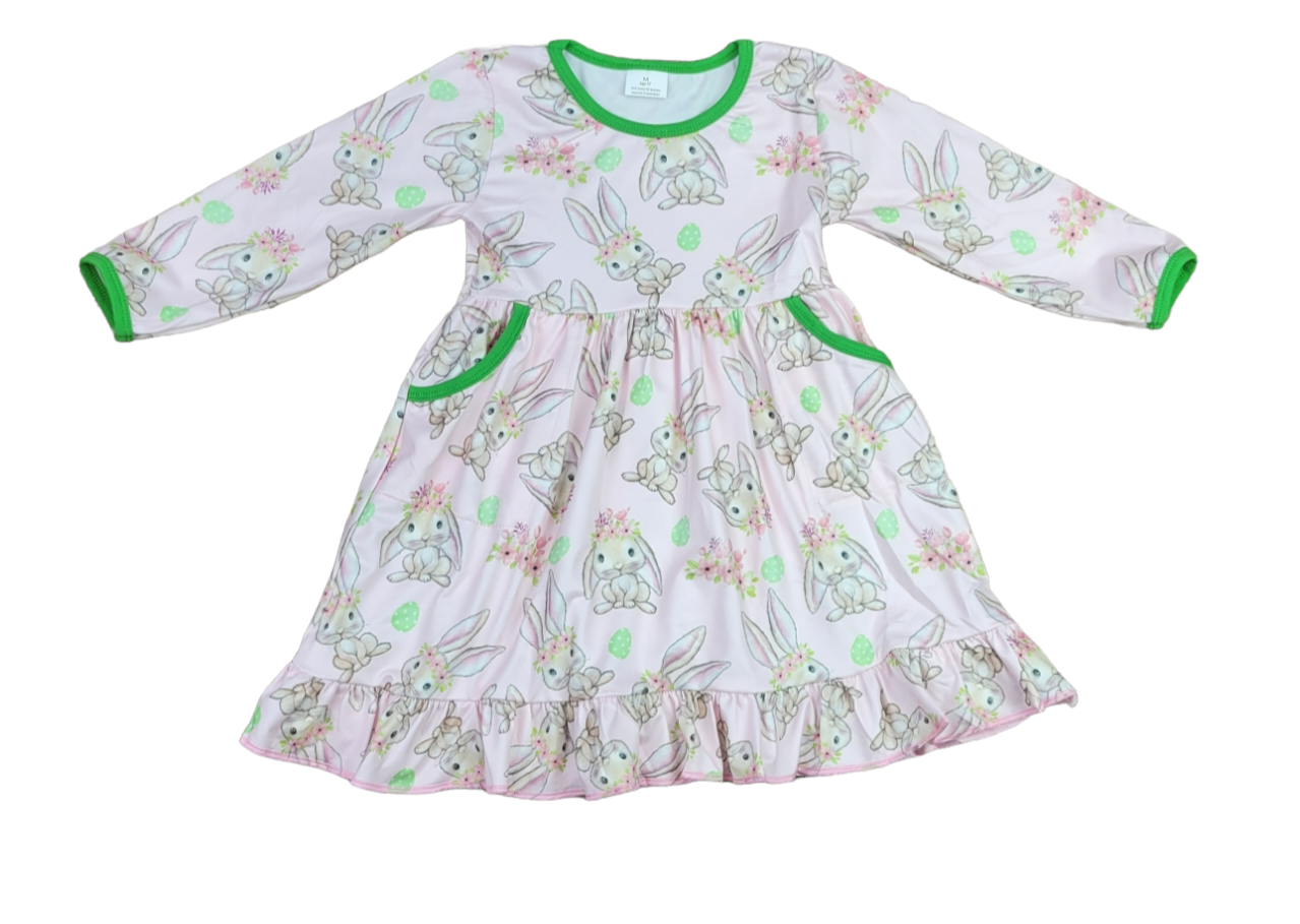 Bunny Flower Crown Long Sleeve Pocket Milk Silk Dress