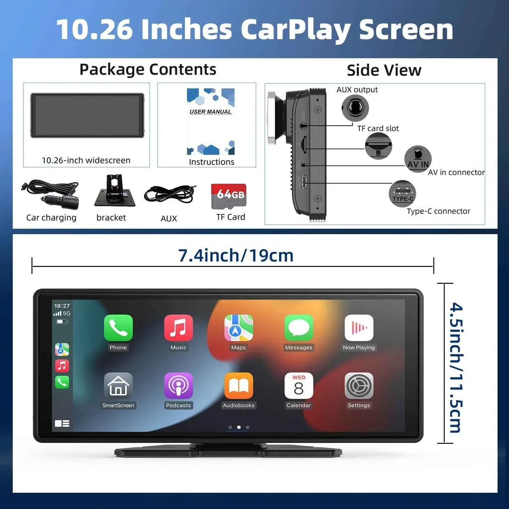 10.26" Portable Wireless CarPlay Car Stereo with HD Touchscreen, Android Auto, Mirror Link, and Backup Camera