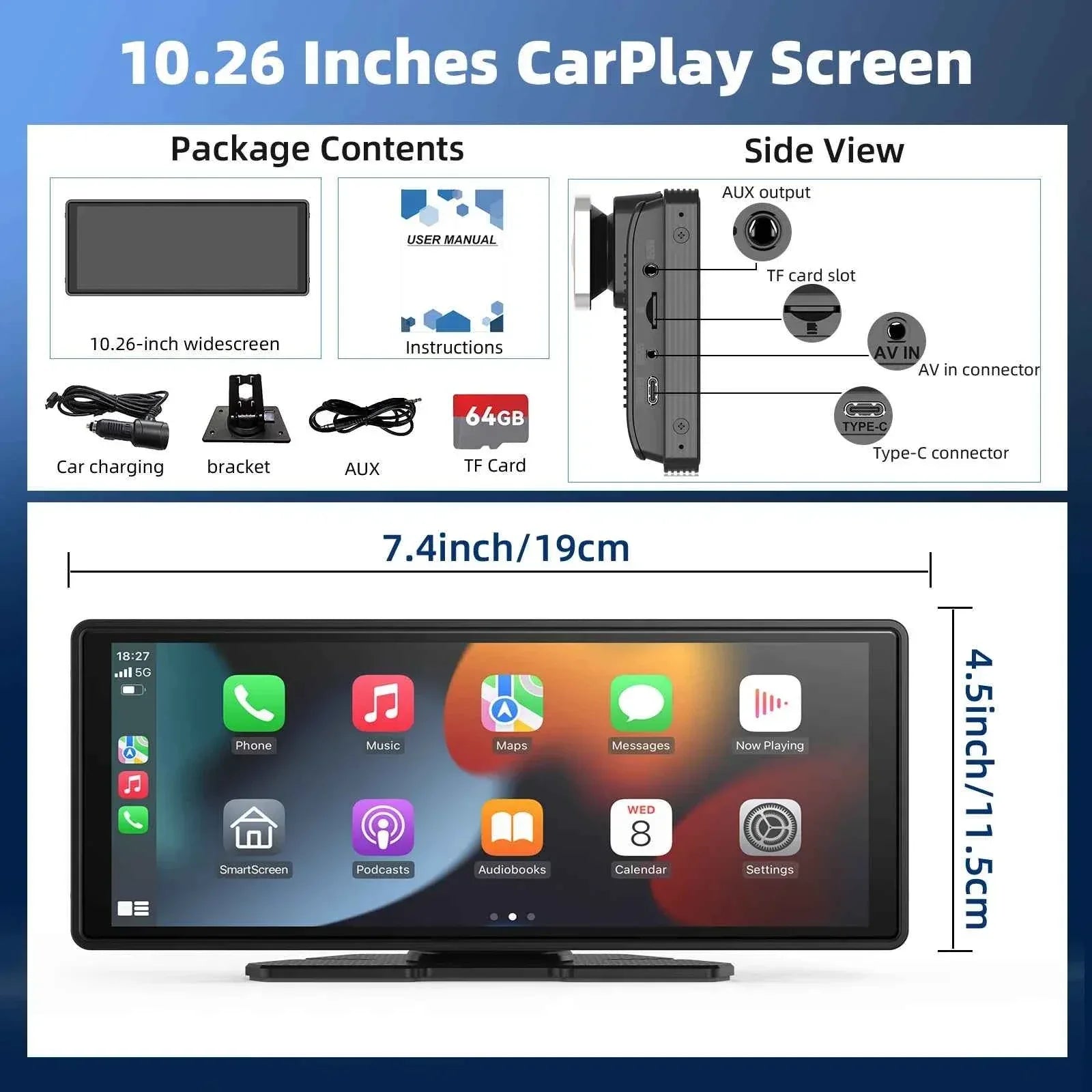 10.26" Portable Wireless CarPlay Car Stereo with HD Touchscreen, Android Auto, Mirror Link, and Backup Camera