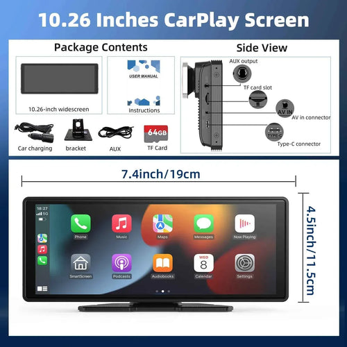 10.26" Portable Wireless CarPlay Car Stereo with HD Touchscreen, Android Auto, Mirror Link, and Backup Camera