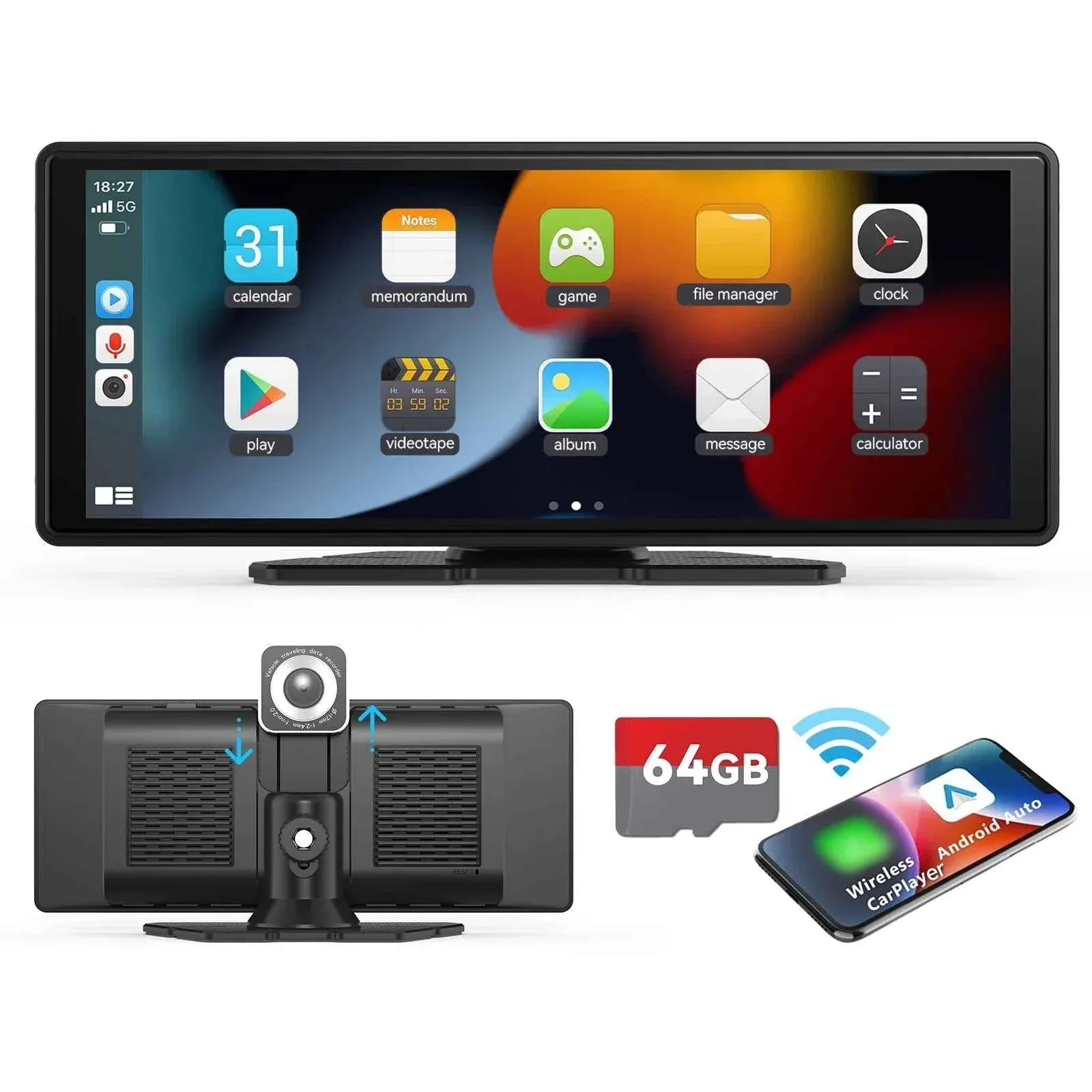 10.26" Portable Wireless CarPlay Car Stereo with HD Touchscreen, Android Auto, Mirror Link, and Backup Camera