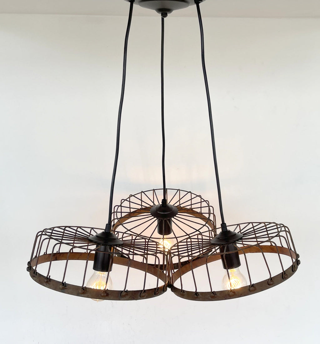 Rustic Industrial Wagon Wheel CHANDELIER TRIO Light