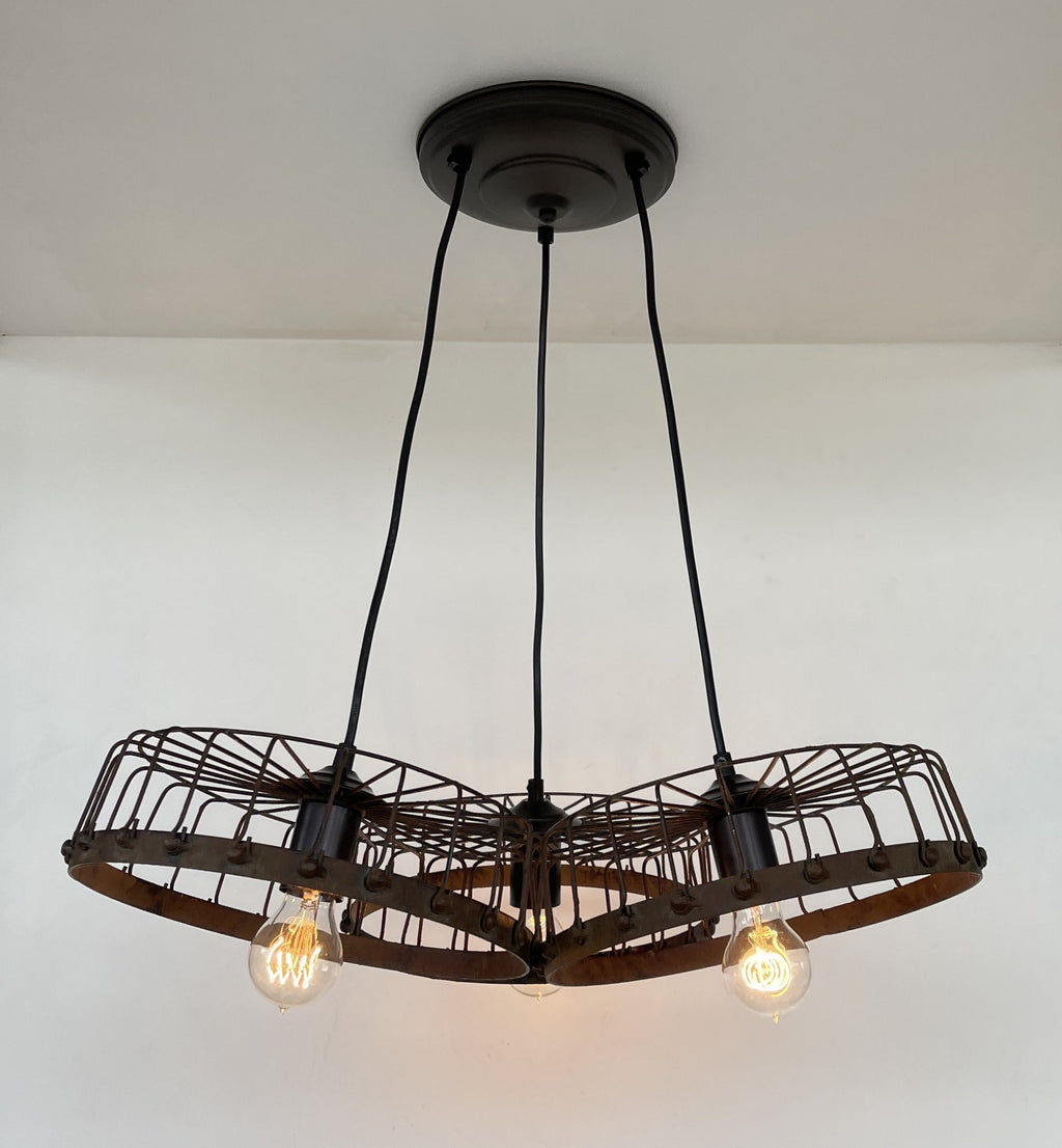Rustic Industrial Wagon Wheel CHANDELIER TRIO Light