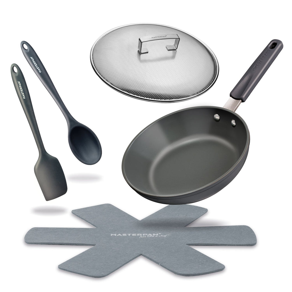 MASTERPAN Ceramic Nonstick Stovetop Oven Frypan & Skillet with Stainless Steel Lid & Utensils, Grey 9.5" (24cm)