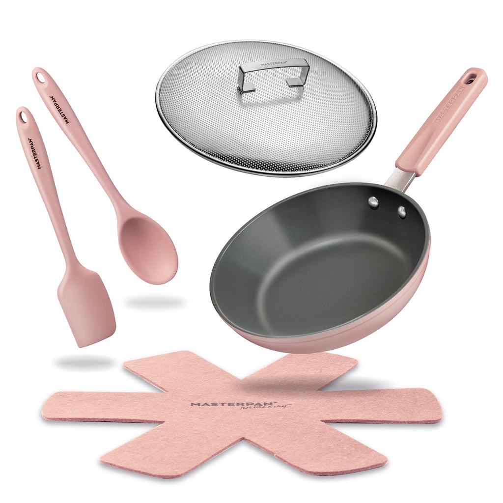 MASTERPAN Ceramic Nonstick Stovetop Oven Frypan & Skillet & Stainless Steel Lid Set, Clay Color 9.5"(24cm)
