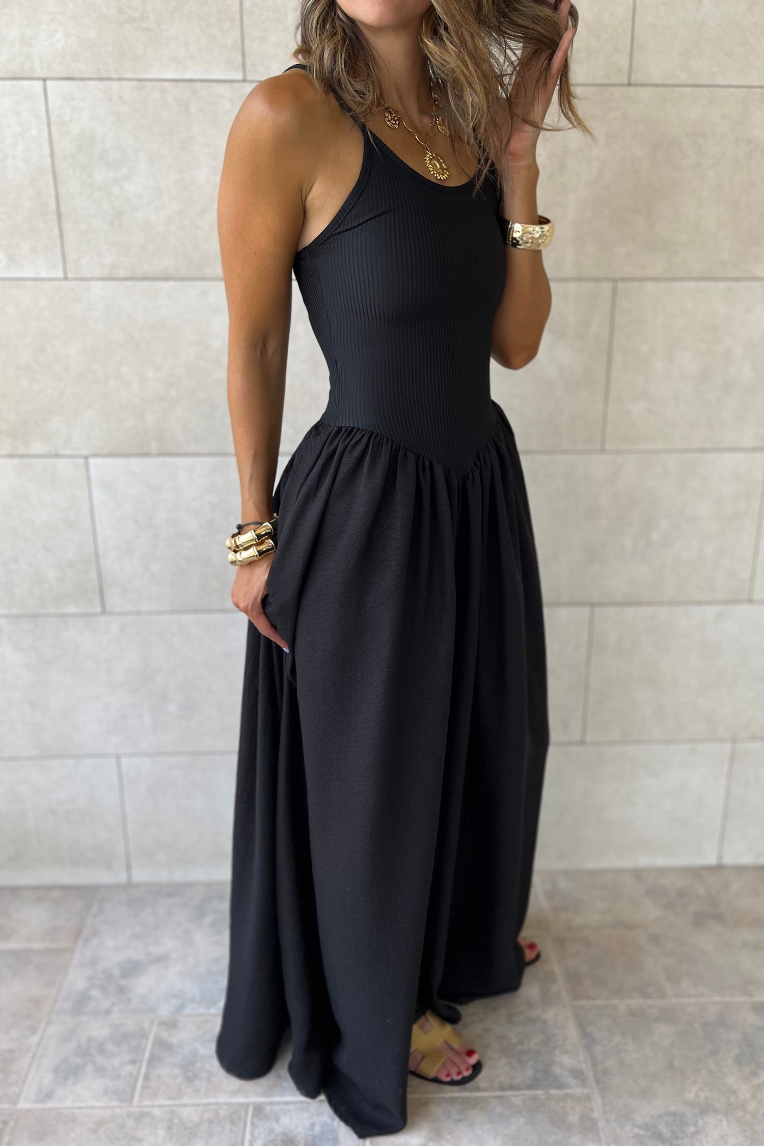 Solid Ribbed Patchwork Drop Waist Maxi Dress