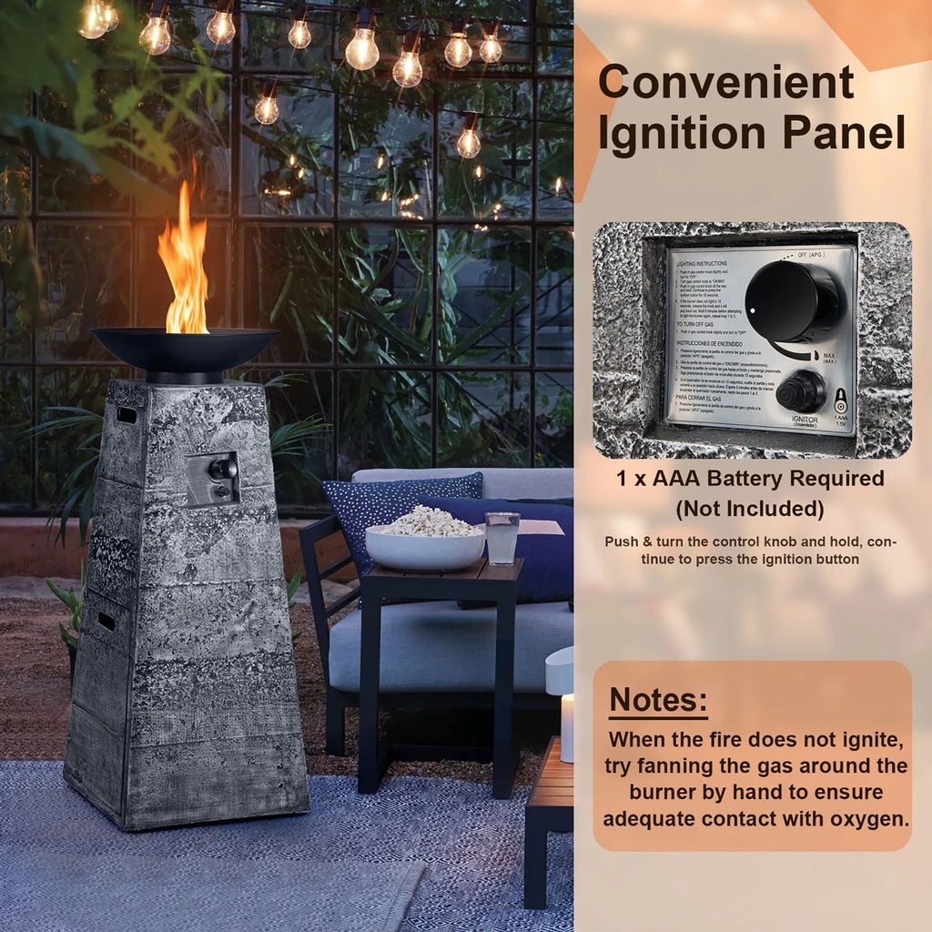 Tall Outdoor Fire Pit 48", Propane Fire Column, 30,000 BTU with Cover