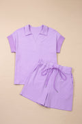 Stripe Dolman Sleeve Polo Shirt & Drawstring Shorts Set