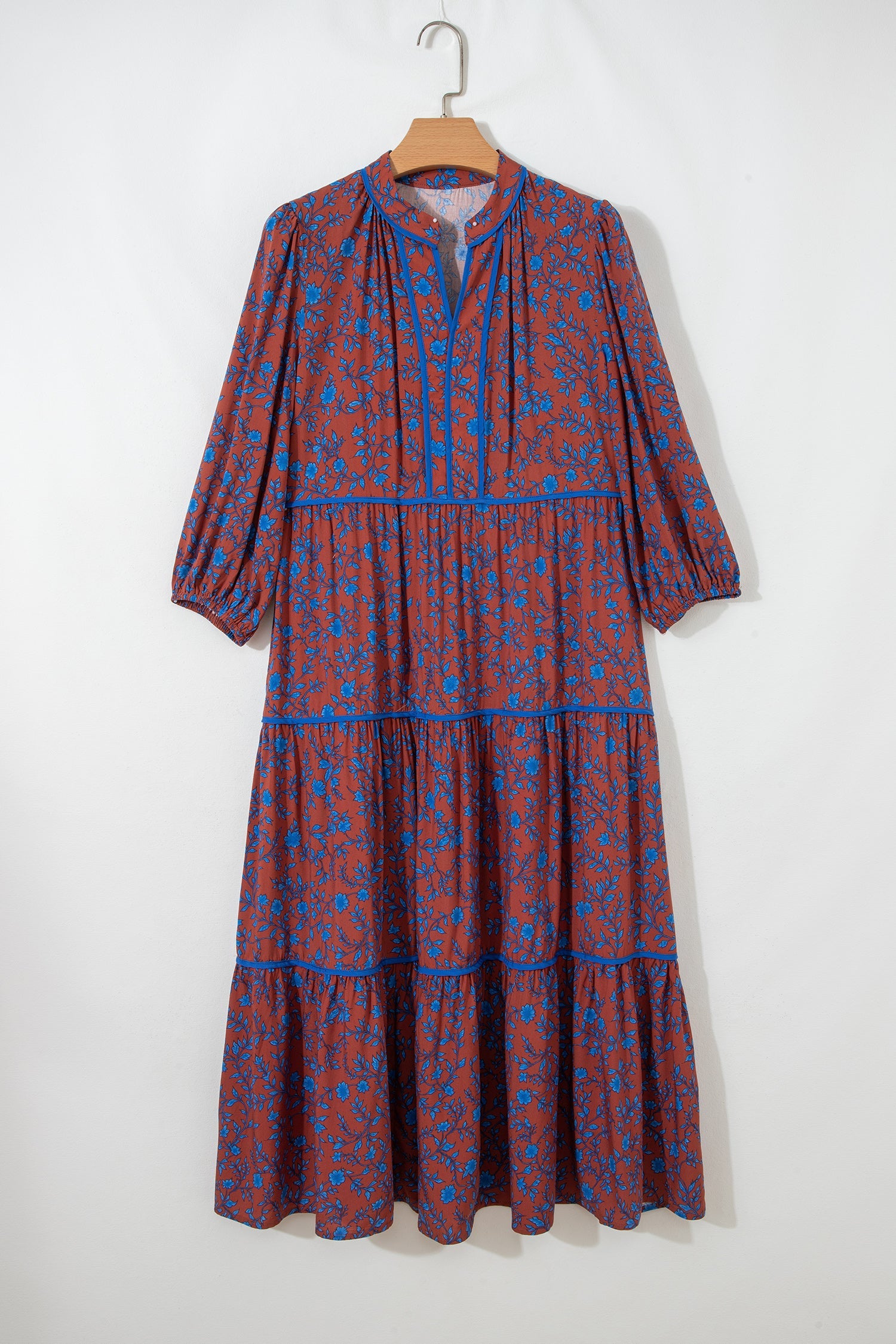 Floral Tiered 3/4 Puff Sleeve Midi Dress