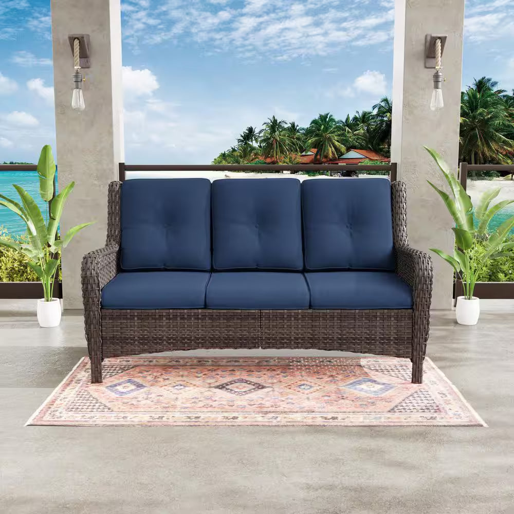 Stylish 3-Seat Wicker Sofa with Comfortable Blue Cushions