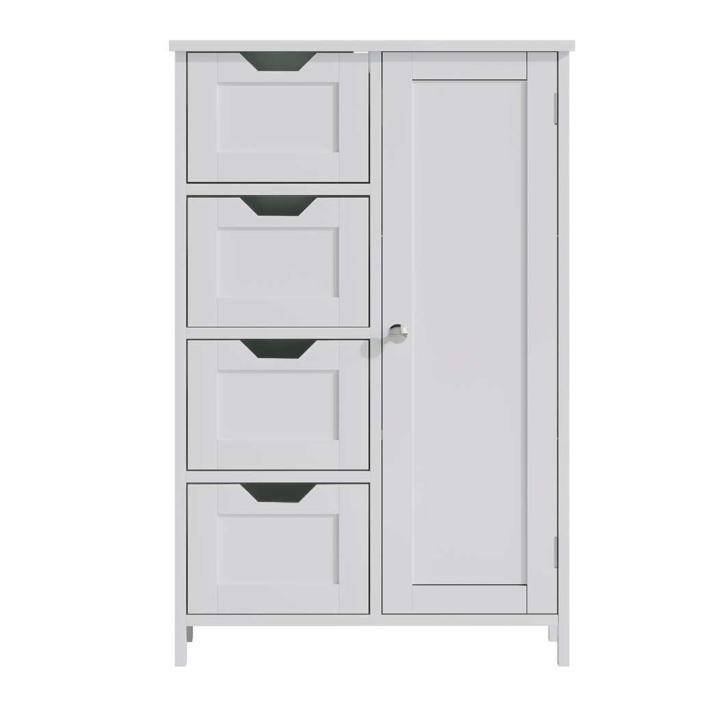 Bathroom Storage Cabinet with 4 Drawers and 1 Door, Freestanding Wooden Floor Organizer for Bathroom, Narrow Storage Cabinet for Small Spaces, Entryway, Living Room or Hallway, White
