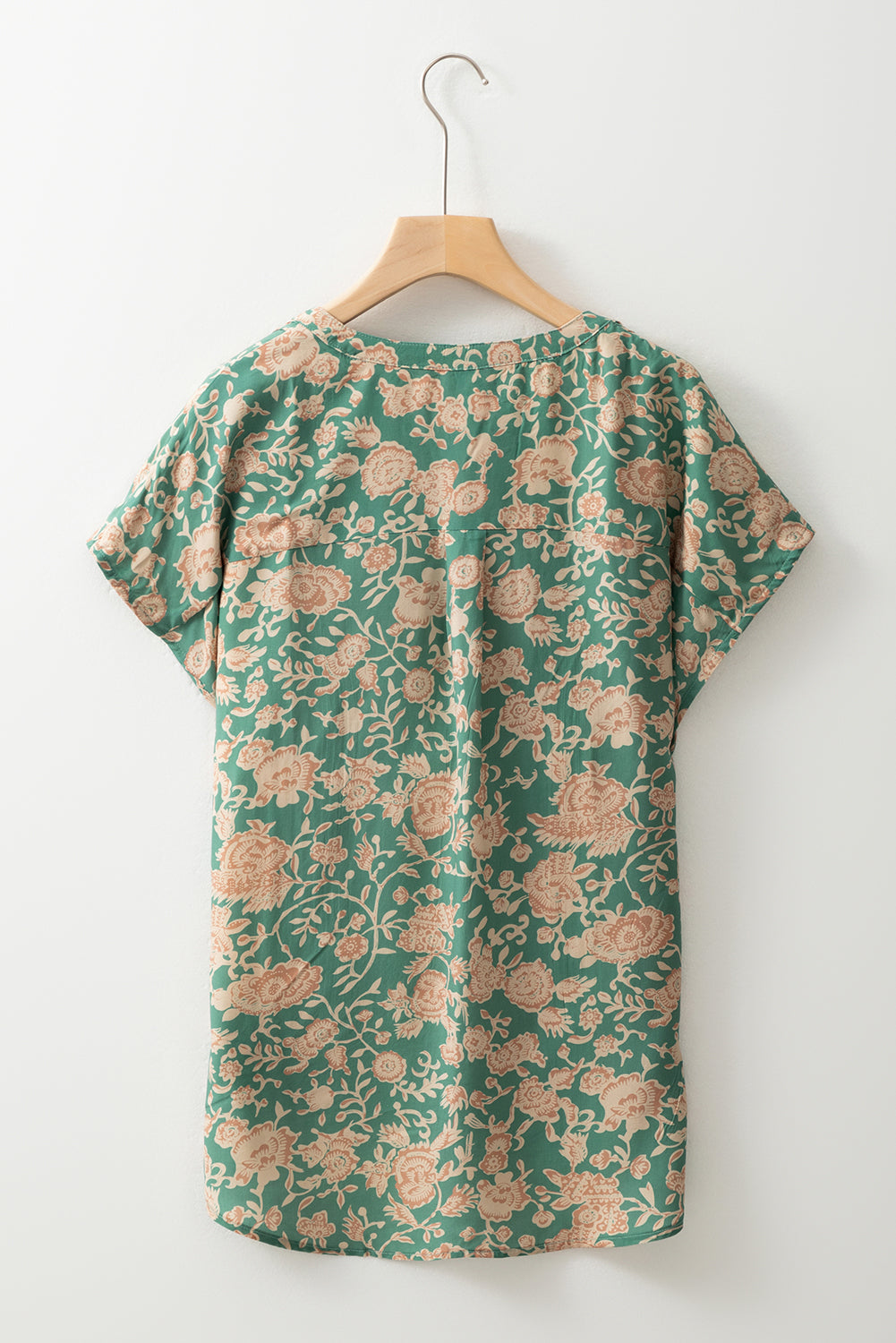 Floral Pleated Buttoned V-Neck Short Sleeve Blouse