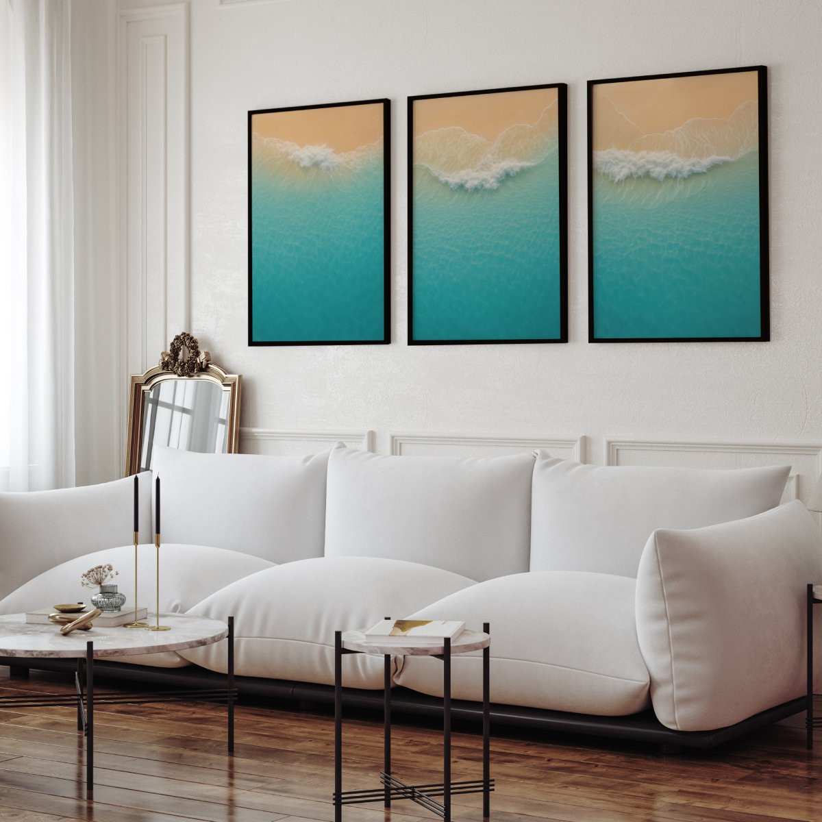 Aerial Beach Shoreline Triptych Wall Art – Minimal Ocean Waves