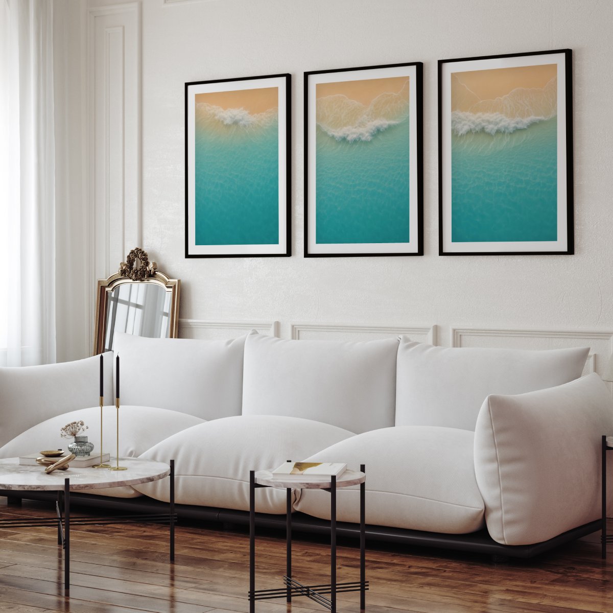 Aerial Beach Shoreline Triptych Wall Art – Minimal Ocean Waves