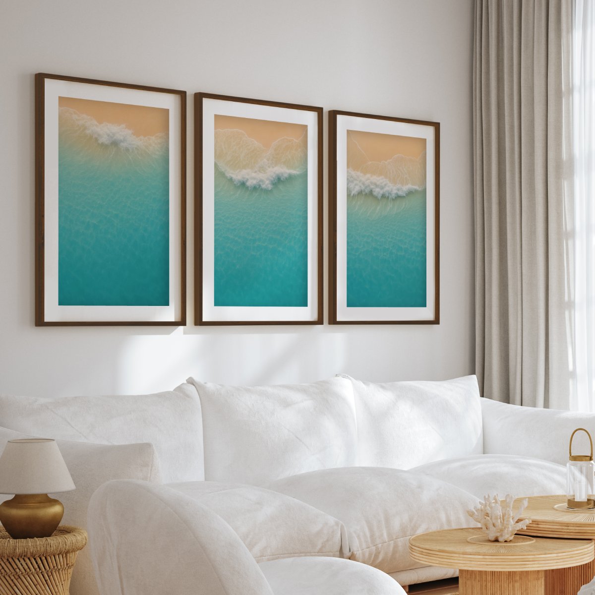 Aerial Beach Shoreline Triptych Wall Art – Minimal Ocean Waves