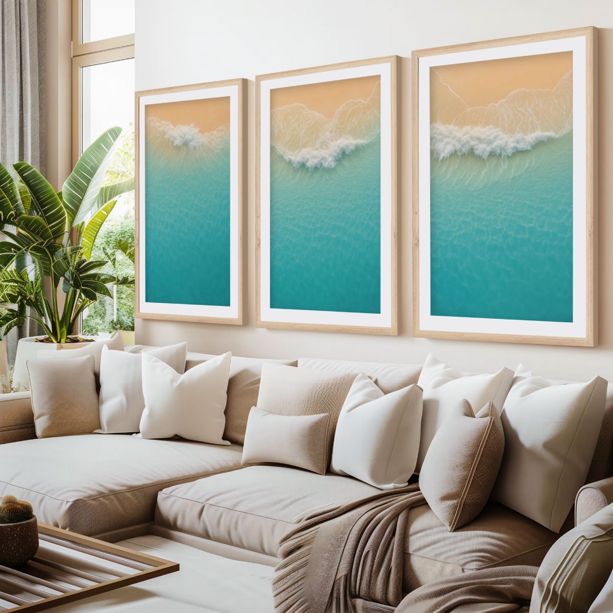 Aerial Beach Shoreline Triptych Wall Art – Minimal Ocean Waves