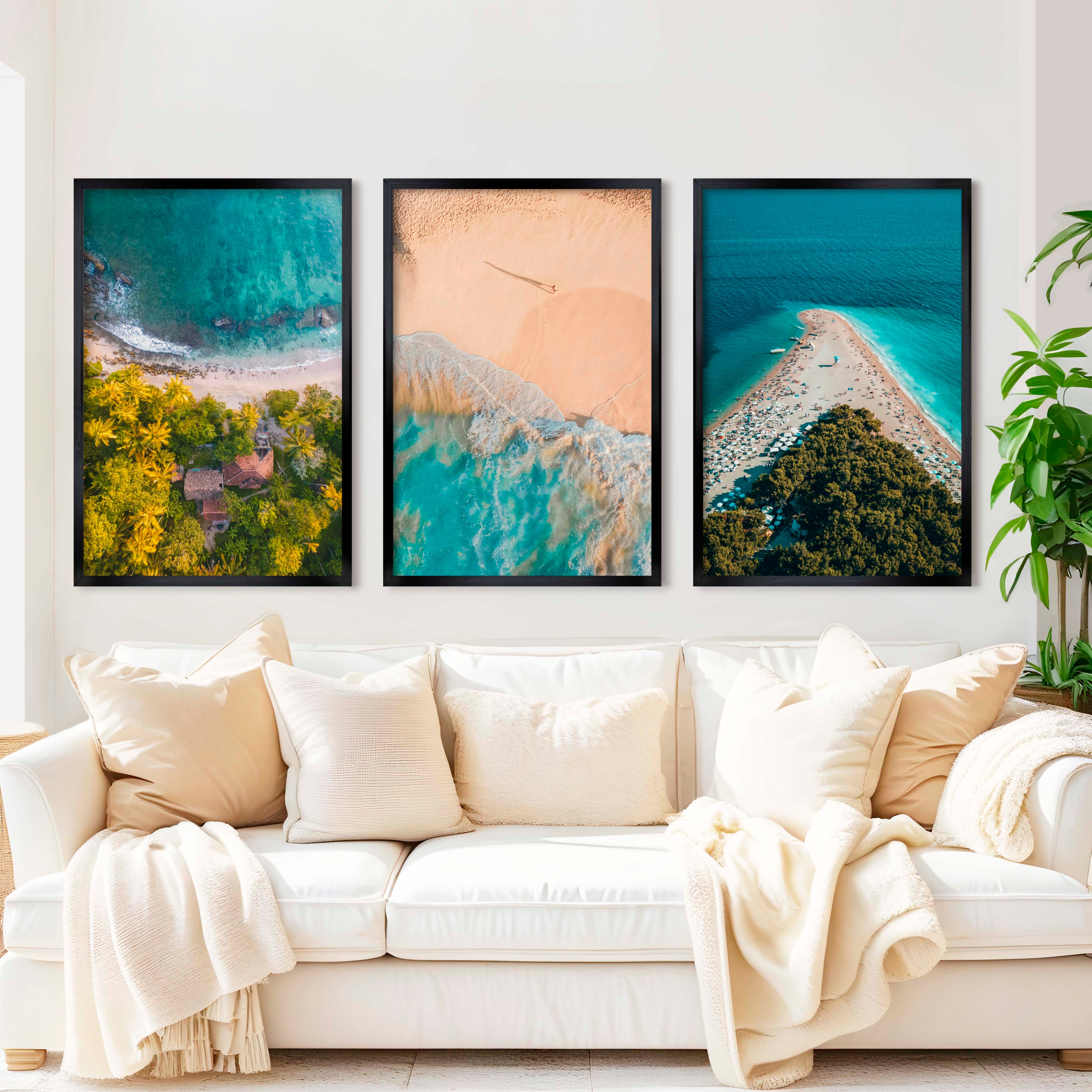 Aerial Coastal Wall Art Set – Ocean, Trees, and Beach Patterns