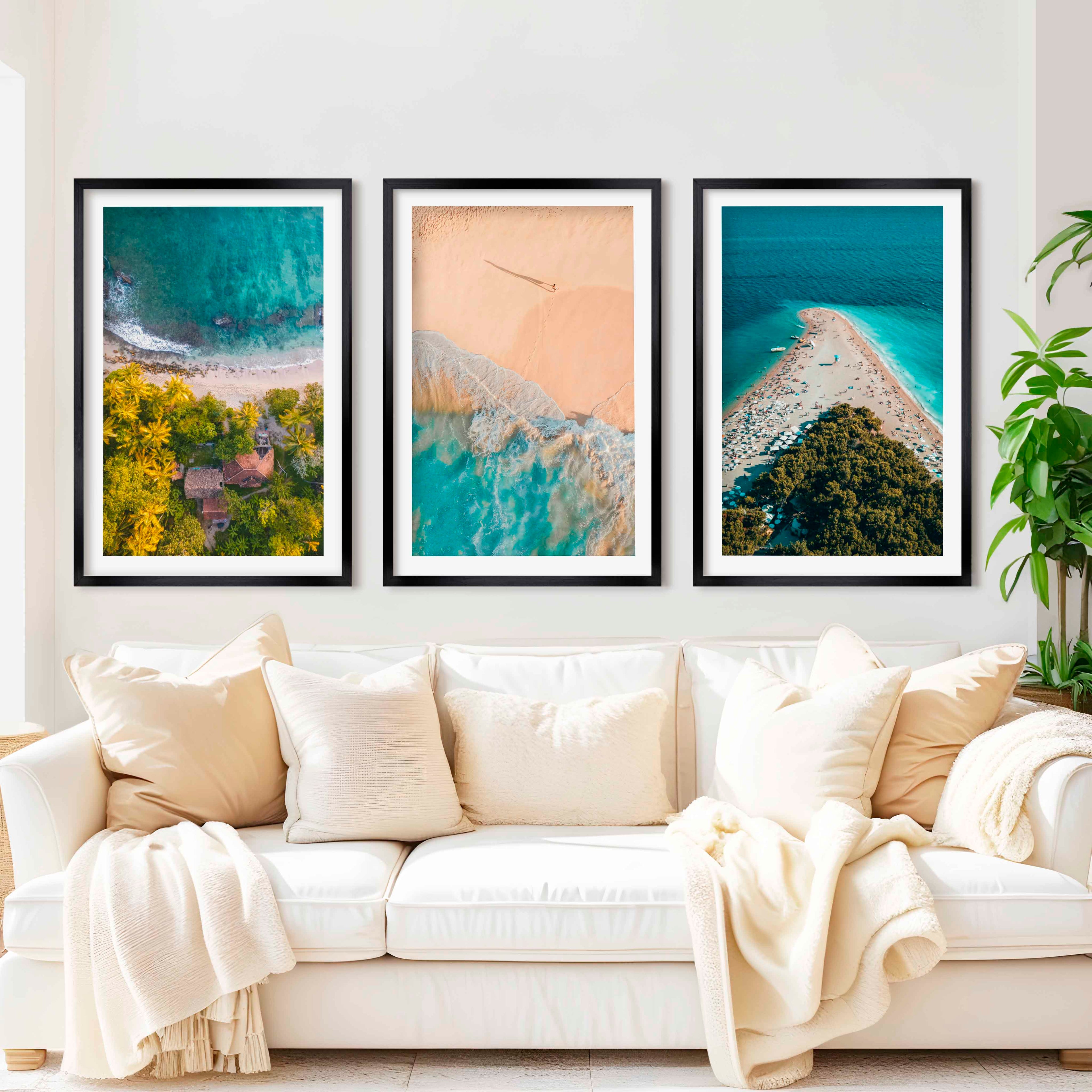 Aerial Coastal Wall Art Set – Ocean, Trees, and Beach Patterns
