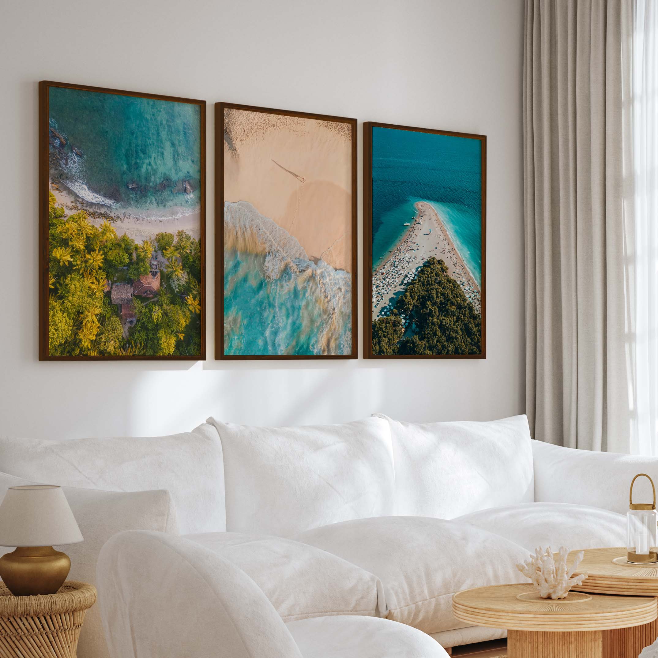 Aerial Coastal Wall Art Set – Ocean, Trees, and Beach Patterns