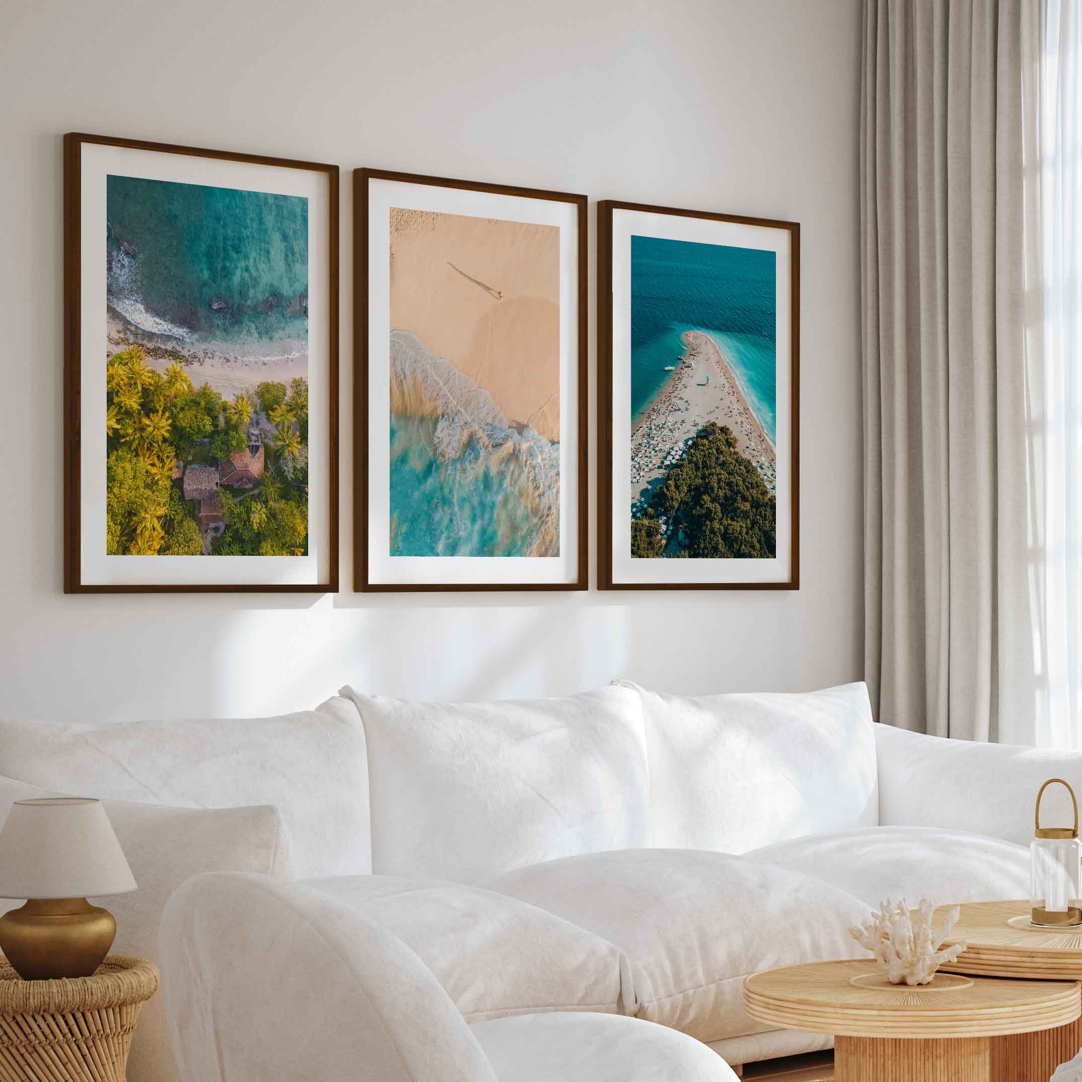 Aerial Coastal Wall Art Set – Ocean, Trees, and Beach Patterns
