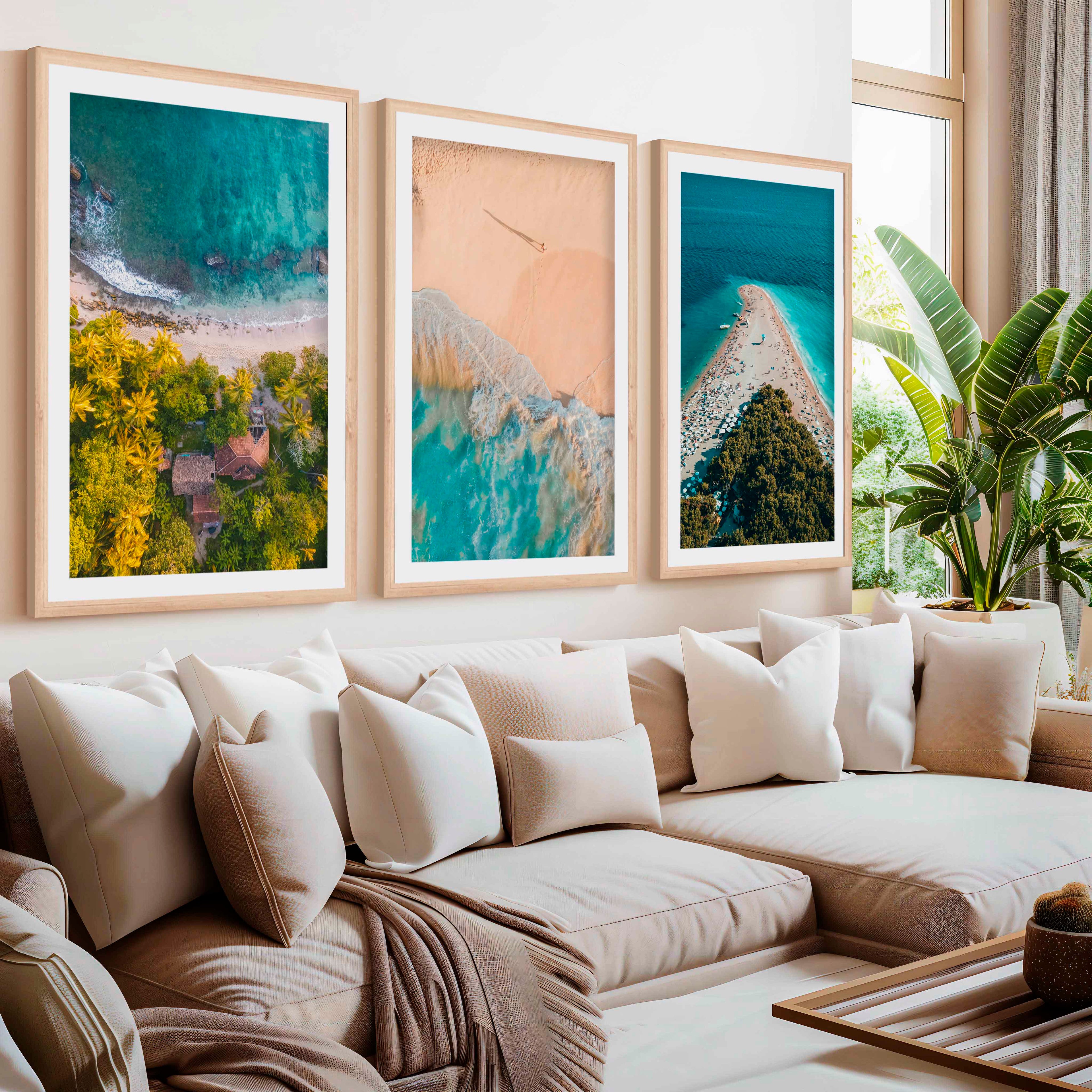 Aerial Coastal Wall Art Set – Ocean, Trees, and Beach Patterns
