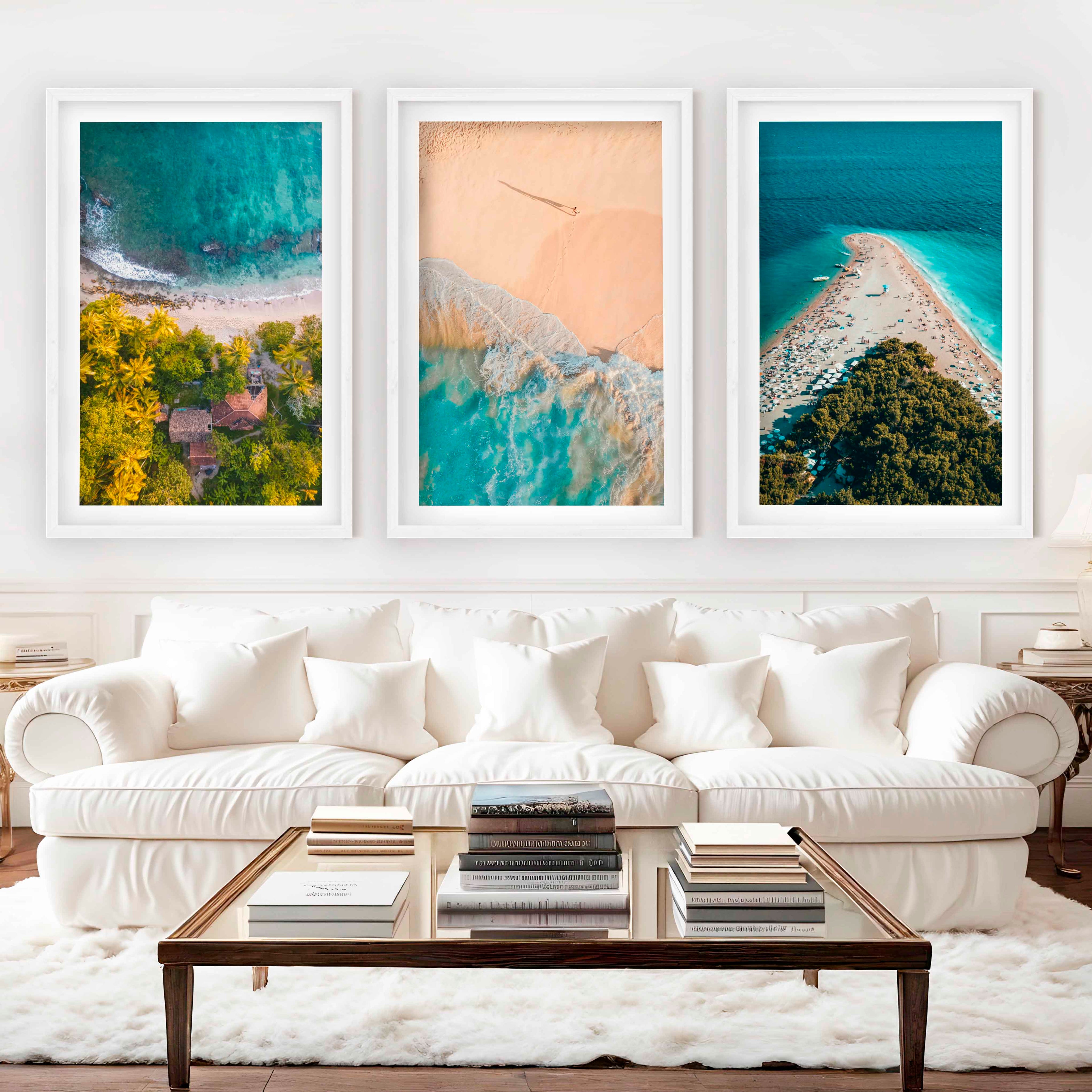 Aerial Coastal Wall Art Set – Ocean, Trees, and Beach Patterns