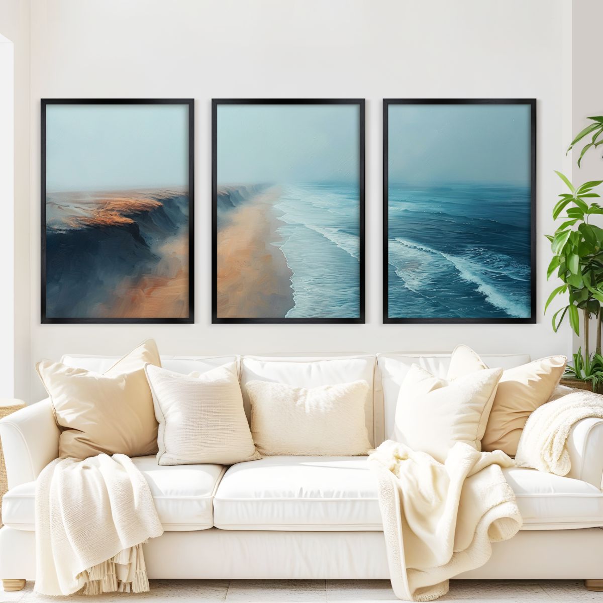 Aerial Ocean Cliff Wall Art - 3-Piece Poster Set with Boat and Sea View