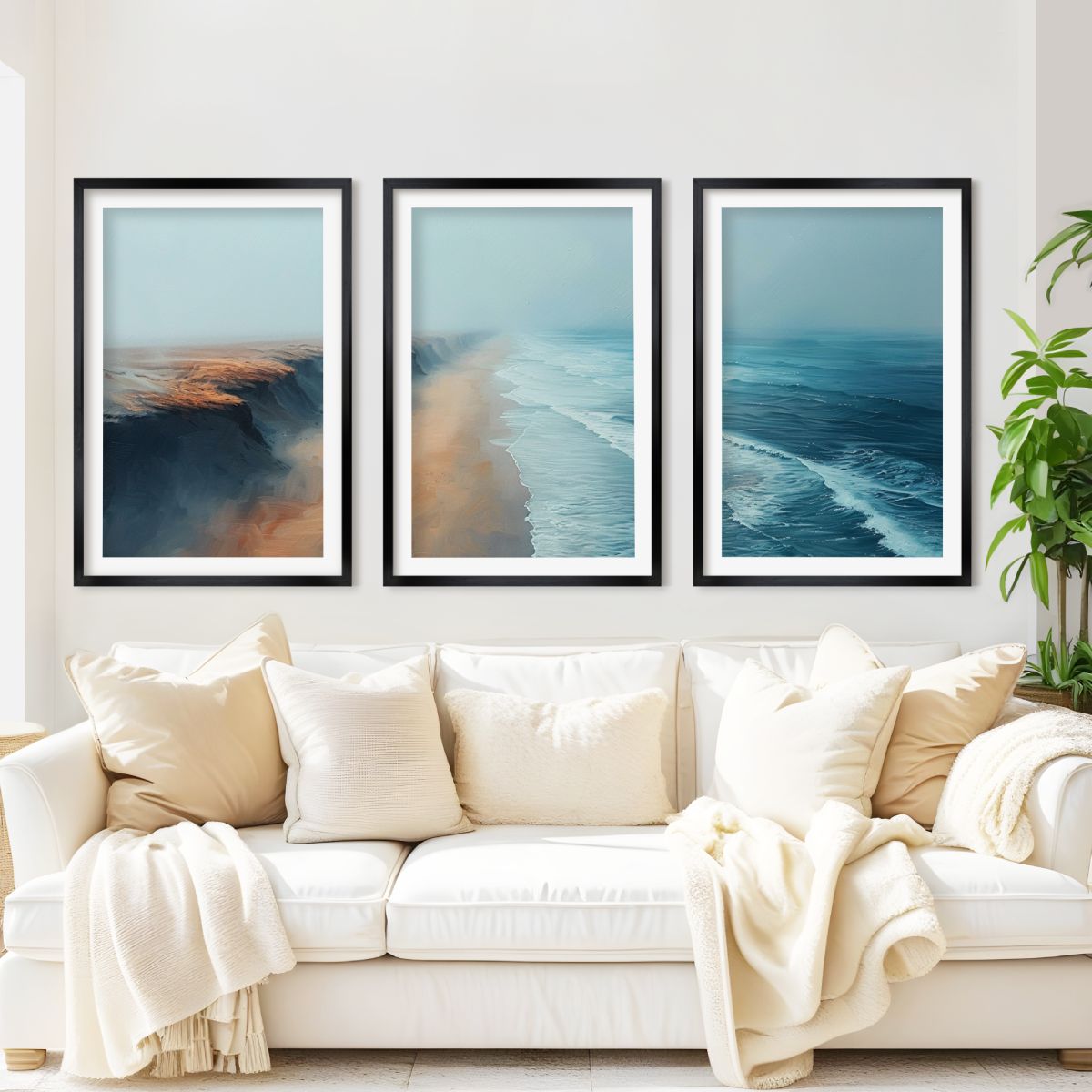 Aerial Ocean Cliff Wall Art - 3-Piece Poster Set with Boat and Sea View