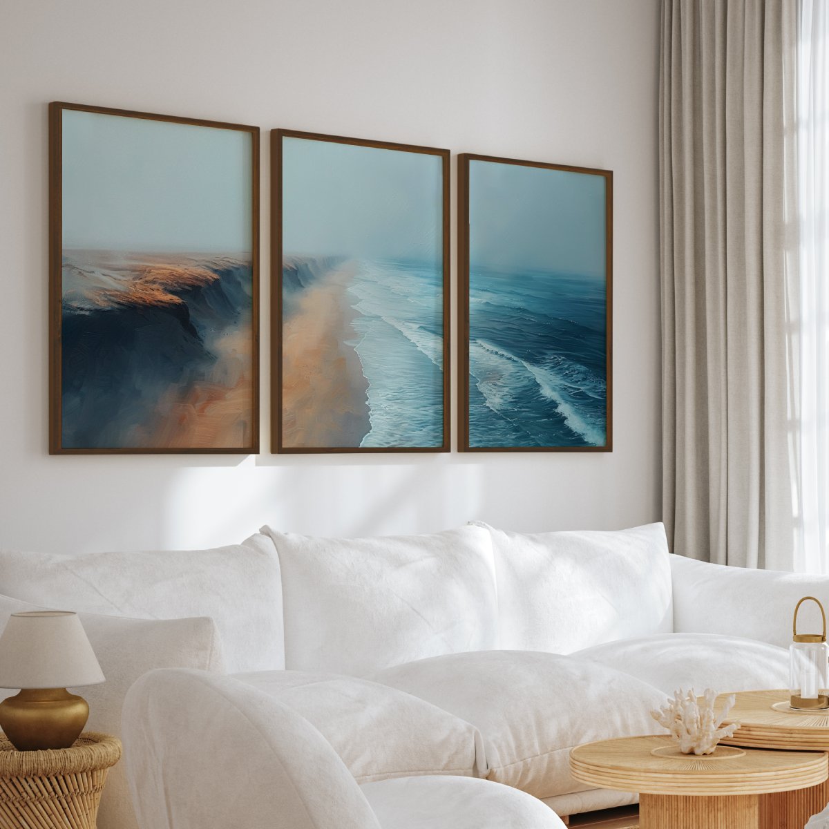 Aerial Ocean Cliff Wall Art - 3-Piece Poster Set with Boat and Sea View