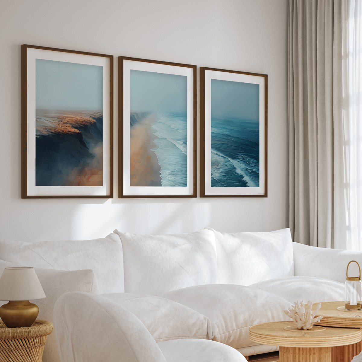 Aerial Ocean Cliff Wall Art - 3-Piece Poster Set with Boat and Sea View