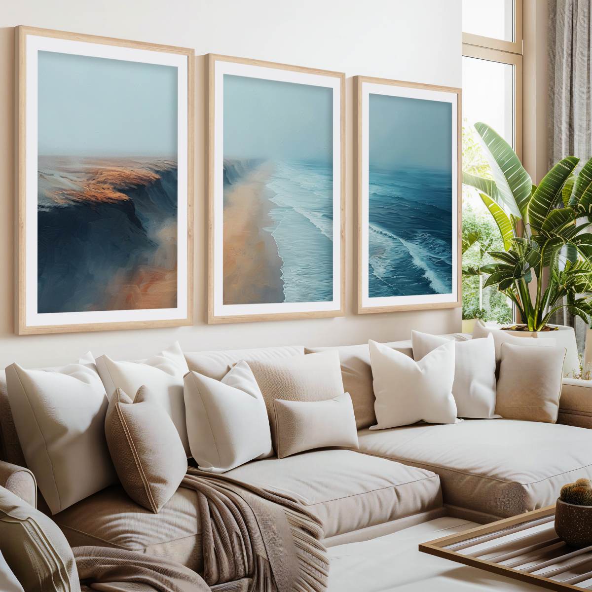 Aerial Ocean Cliff Wall Art - 3-Piece Poster Set with Boat and Sea View