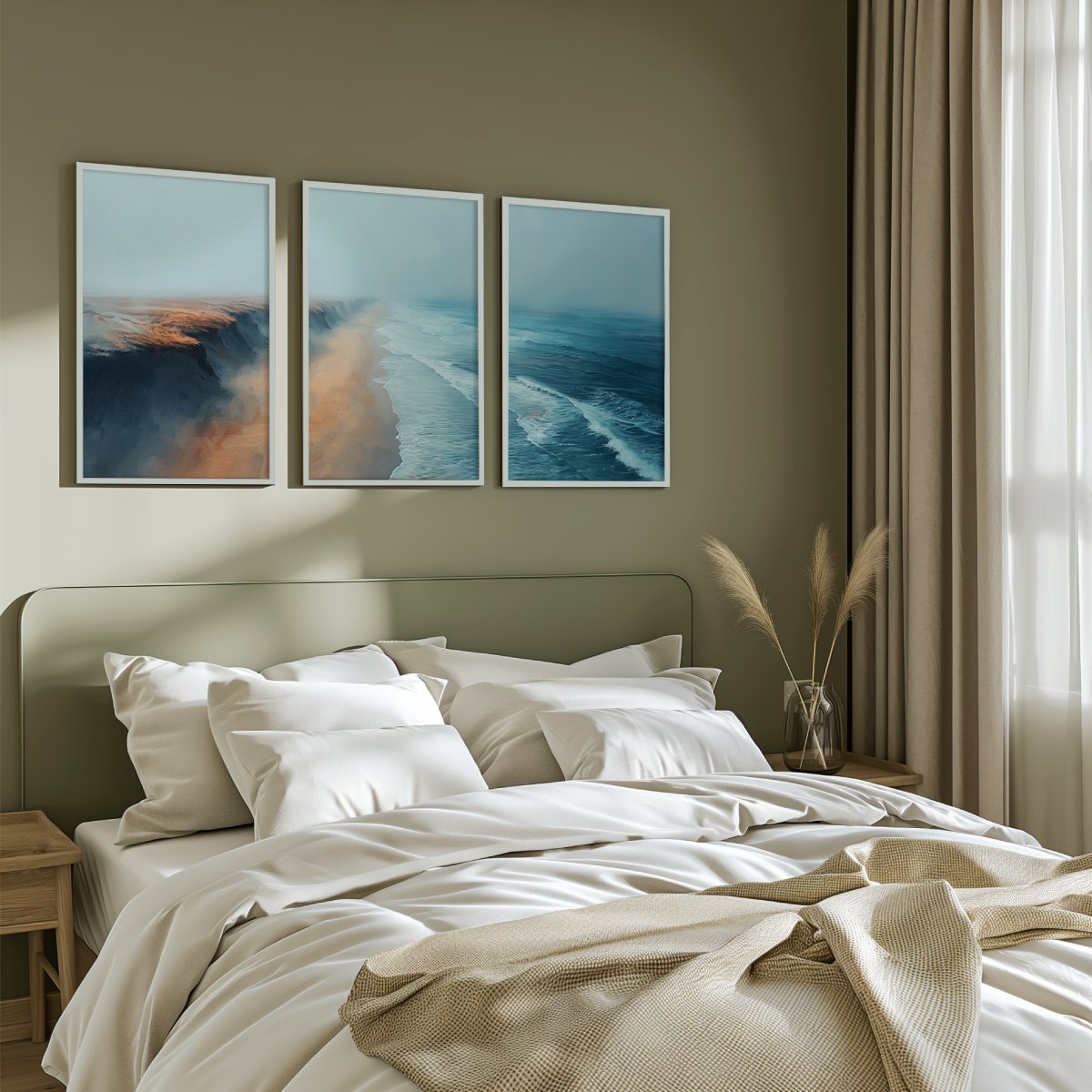 Aerial Ocean Cliff Wall Art - 3-Piece Poster Set with Boat and Sea View