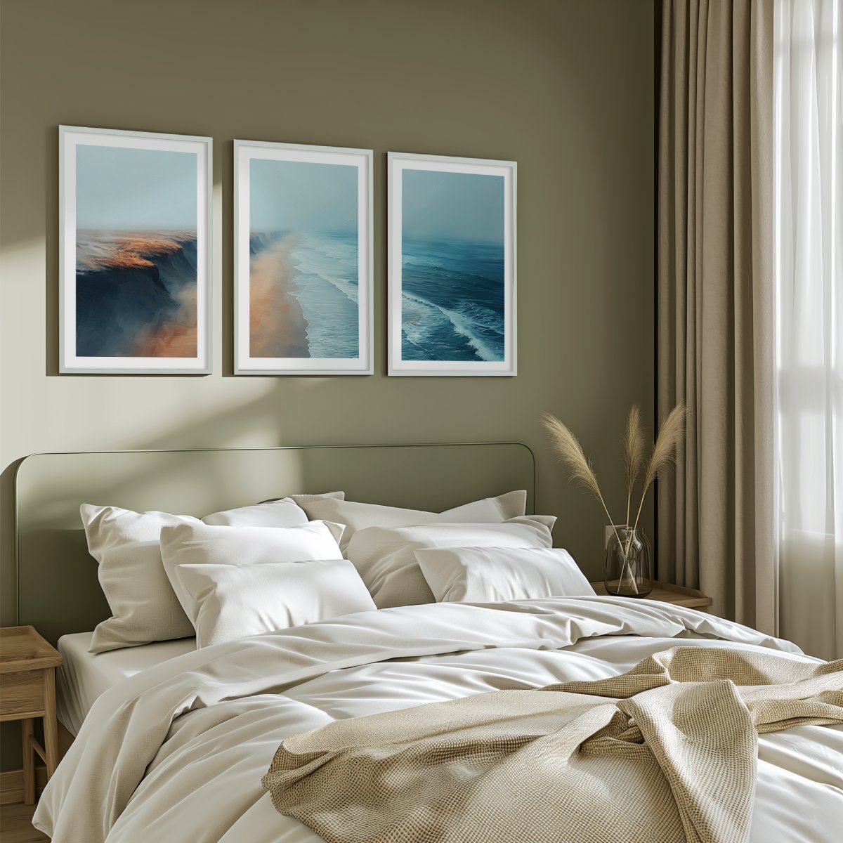 Aerial Ocean Cliff Wall Art - 3-Piece Poster Set with Boat and Sea View