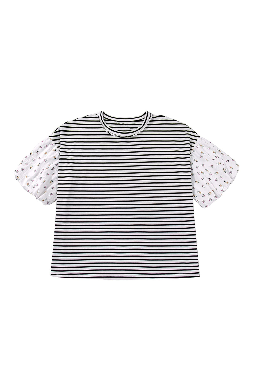 Plus Size Stripe Floral Patchwork Puff Sleeve Top