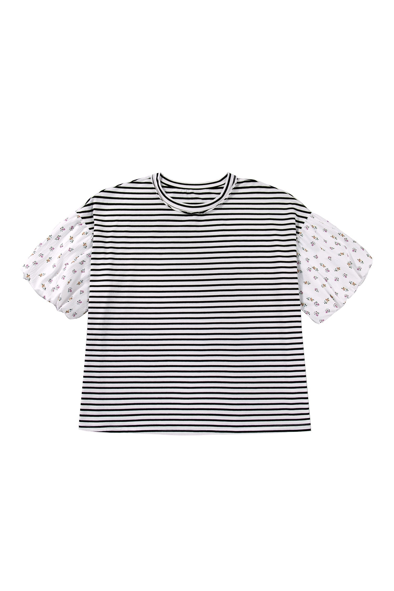 Plus Size Stripe Floral Patchwork Puff Sleeve Top