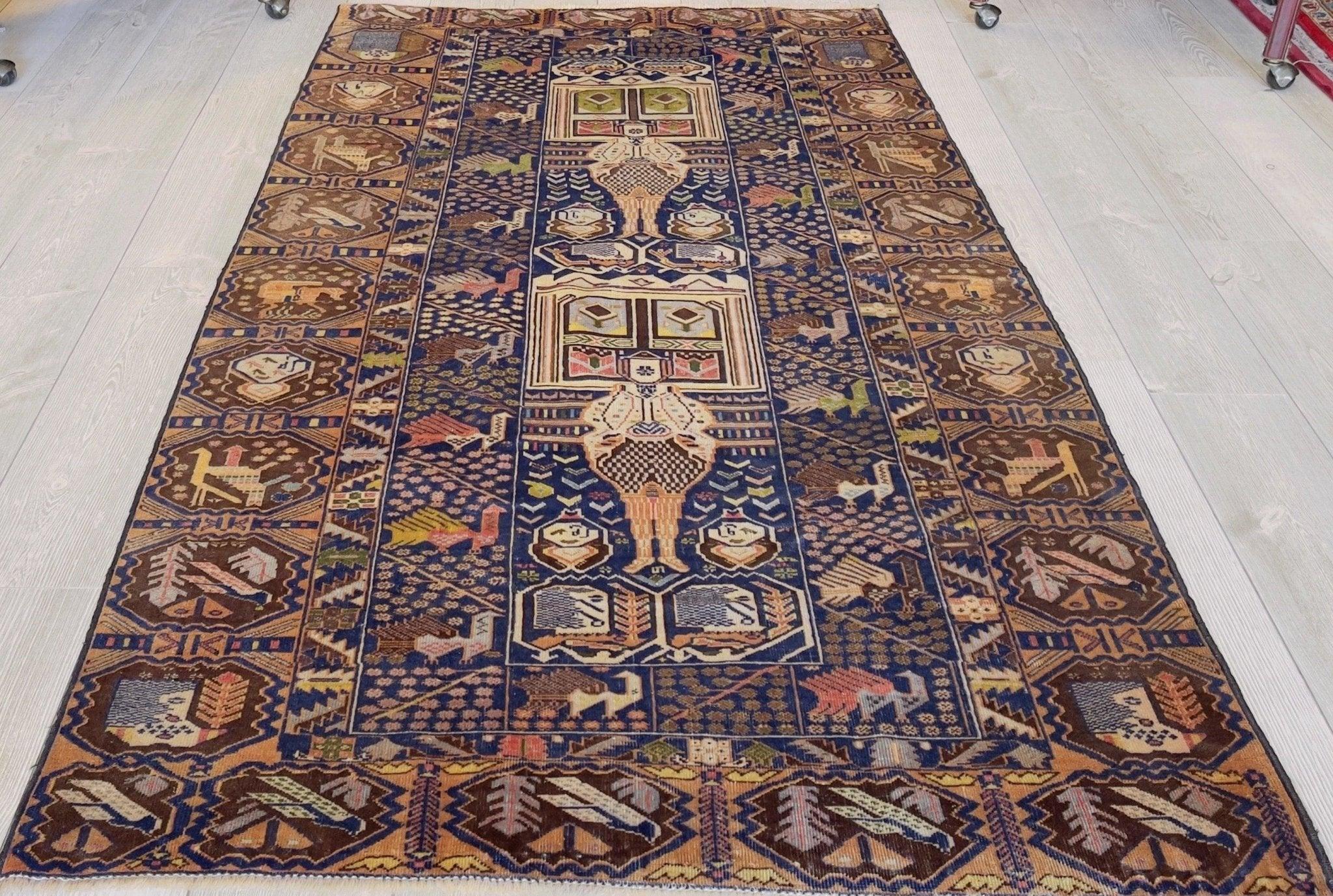 Afghani Vintage Pictorial Rug I Tribal Baluchi 4X7 Ft