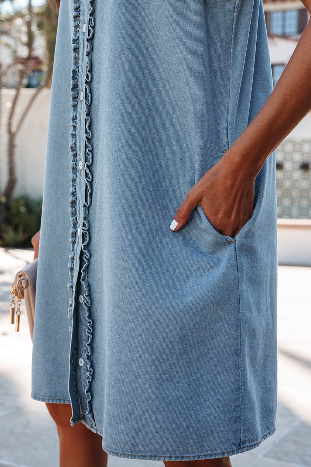 Solid Denim Frilled Ruffle Sleeve Buttoned Mini Dress