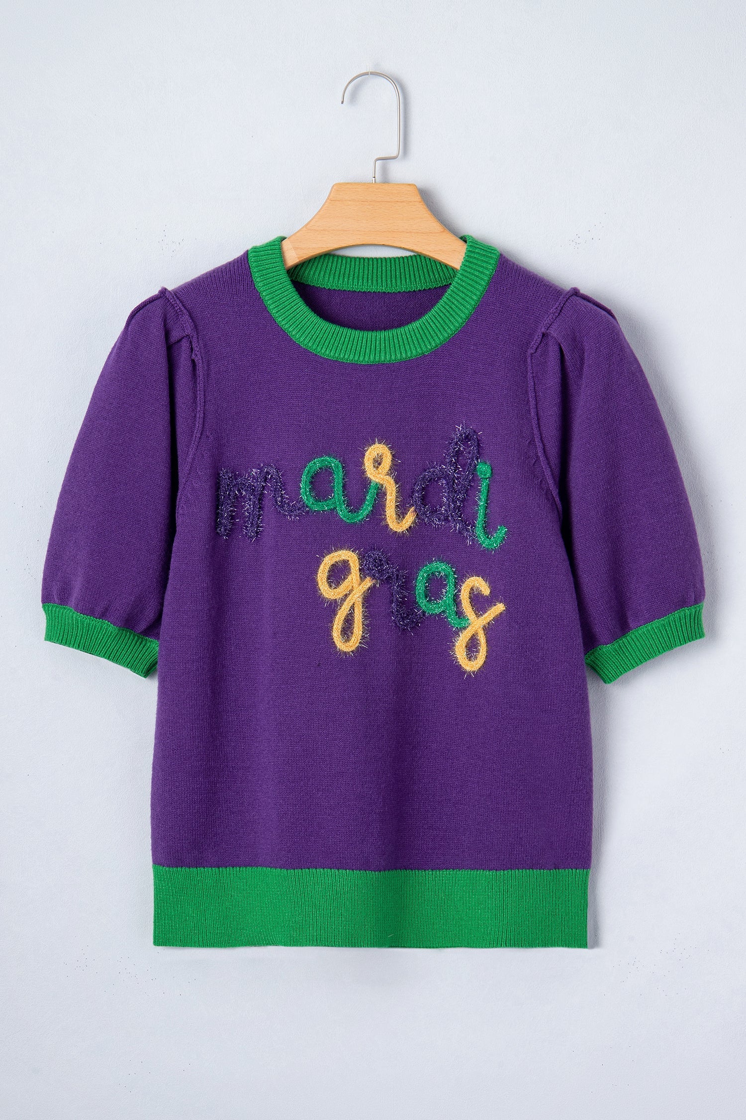 Mardi Gras Tinsel Embroidered Short Sleeve Sweater