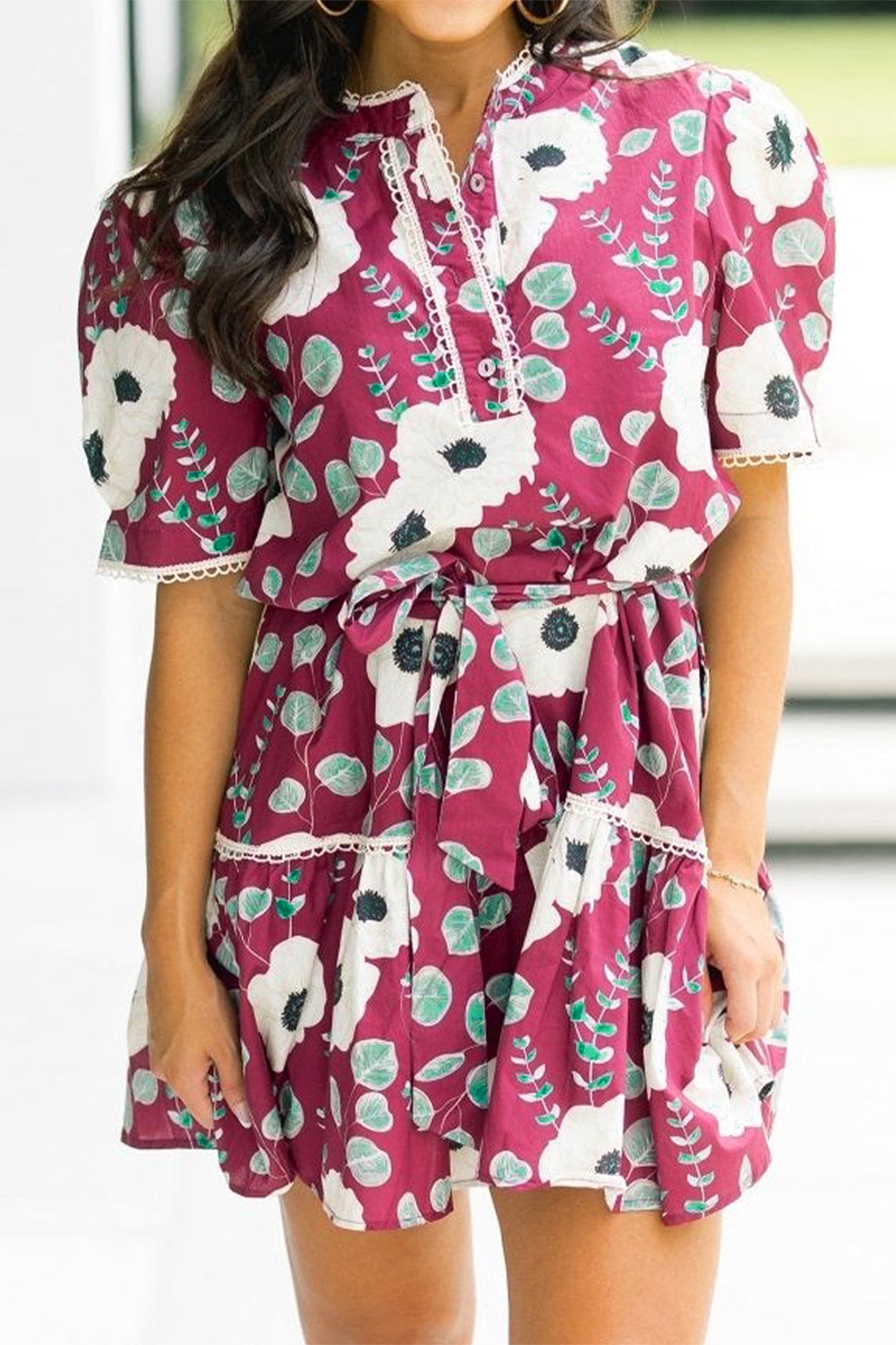 Floral Short Puff Sleeve Belted Mini Dress