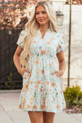 Floral Shirred High Waist Puff Sleeve Dress