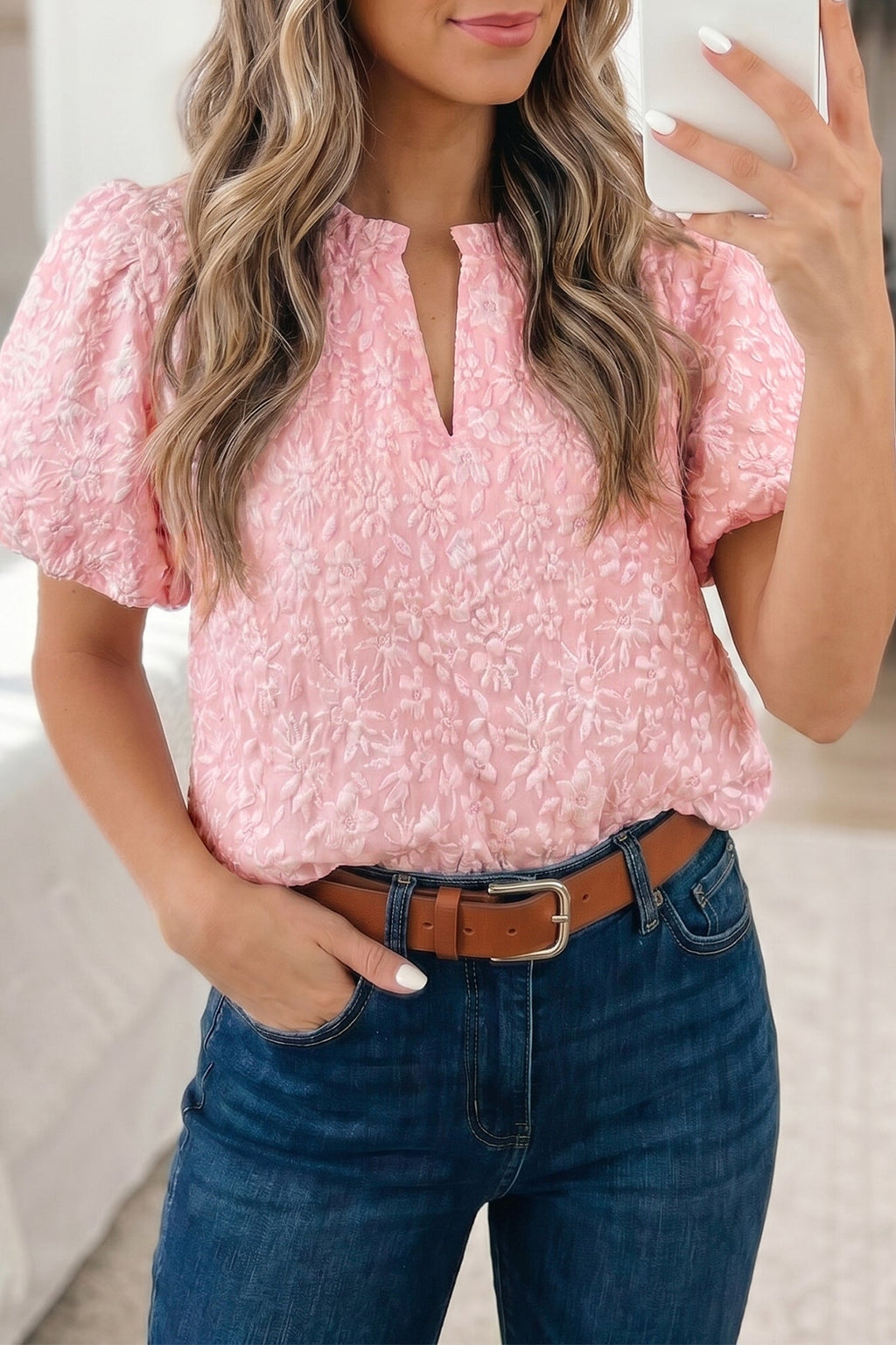 Floral Textured Jacquard Puff Sleeve Blouse