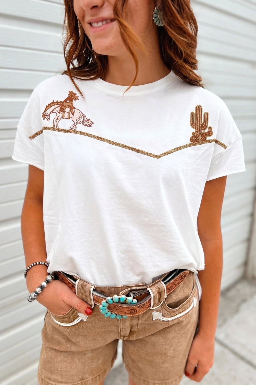 Western Cowboy & Cactus Embroidered Tee