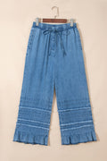 Denim Chambray Ruffle Hem Wide Leg Pants