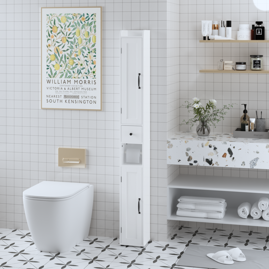 White Slim Tall Bathroom Storage Cabinet with Adjustable Shelves, 2 Doors Freestanding Cabinet for Small Spaces, Kitchen, Living Room, MDF Material, 67.51 inches High