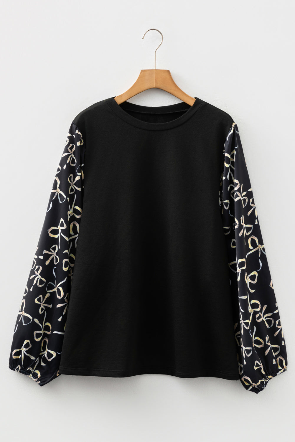 Plus Size Bow Tie Patchwork Long Sleeve Blouse