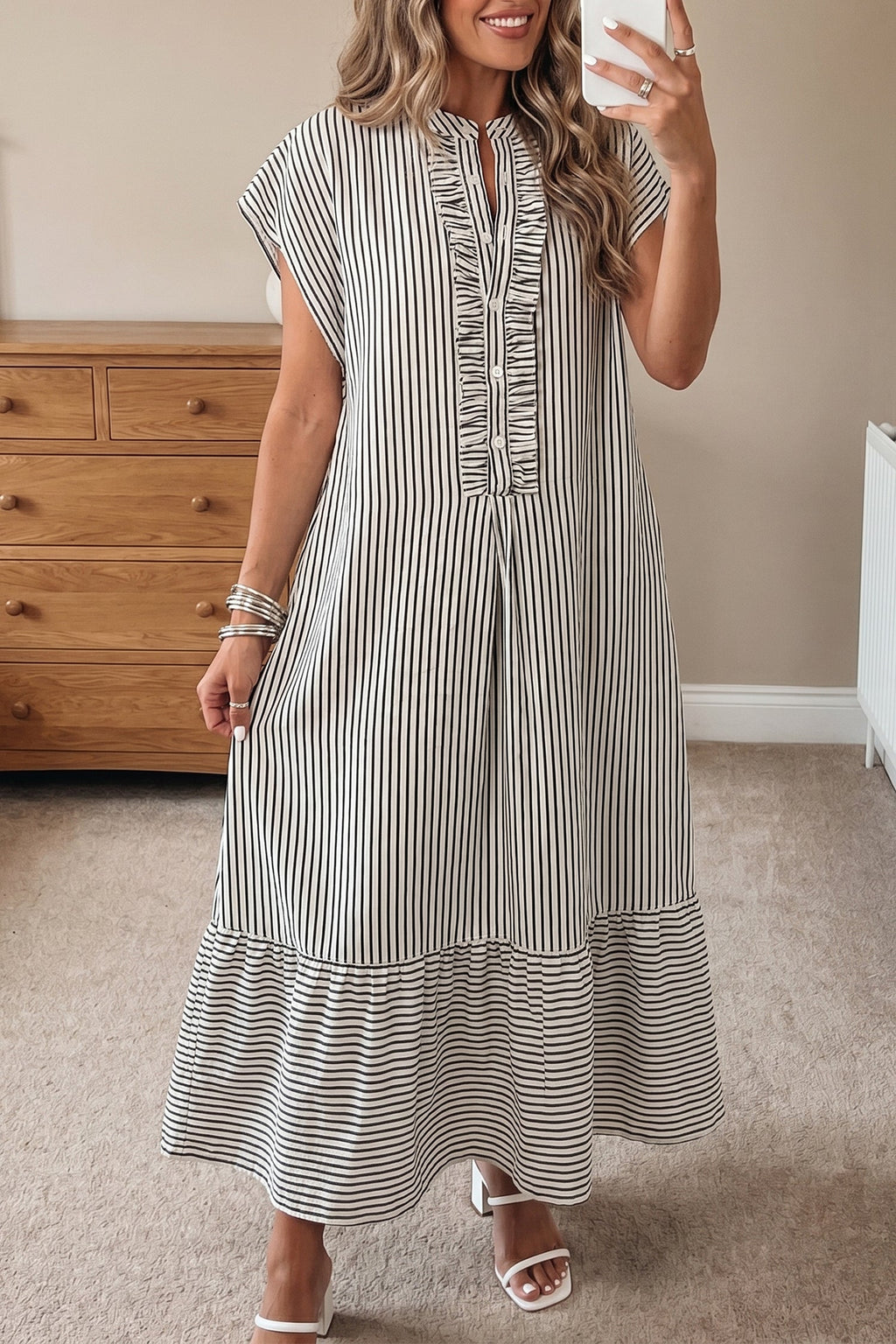 Stripe Frilled Half Buttoned Maxi Dress