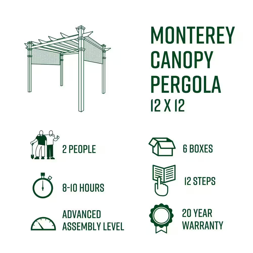 11x11 ft – White Vinyl Pergola with Adjustable Canopy